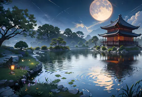 Ancient Chinese architecture, cool colors, dark night, moon, garden, bamboo, lake, stone bridge, rockery, arch, corner, tree, running water, landscape, outdoor, waterfall, grass, rock, dense fog, (Illustration: 1.0) , Epic Composition, HD Details, Masterpi...