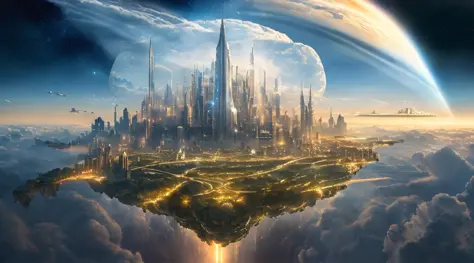 ((master piece)),best quality, (8k, best quality, masterpiece:1.2), ultra-detailed, illustration, Grand scene, big city, Science fiction, ethereal city, Floating city, many planets in the skies, clouds around, celestial architecture, purple energy is erupt...