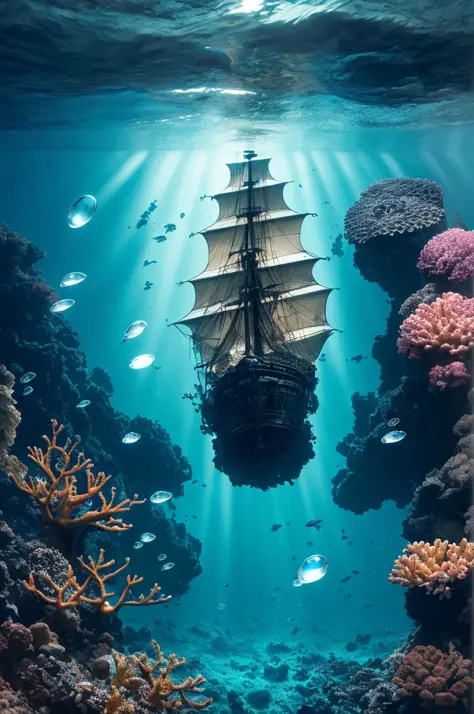 Dark tones, deep darkness, light in the dark, masterpiece, best quality, high quality, very detailed CG, very detailed, intricate, high detail, dramatic light and shadow, art and masterpiece, 8k, deep underwater world, dim Colors, a beam of light on a boat...