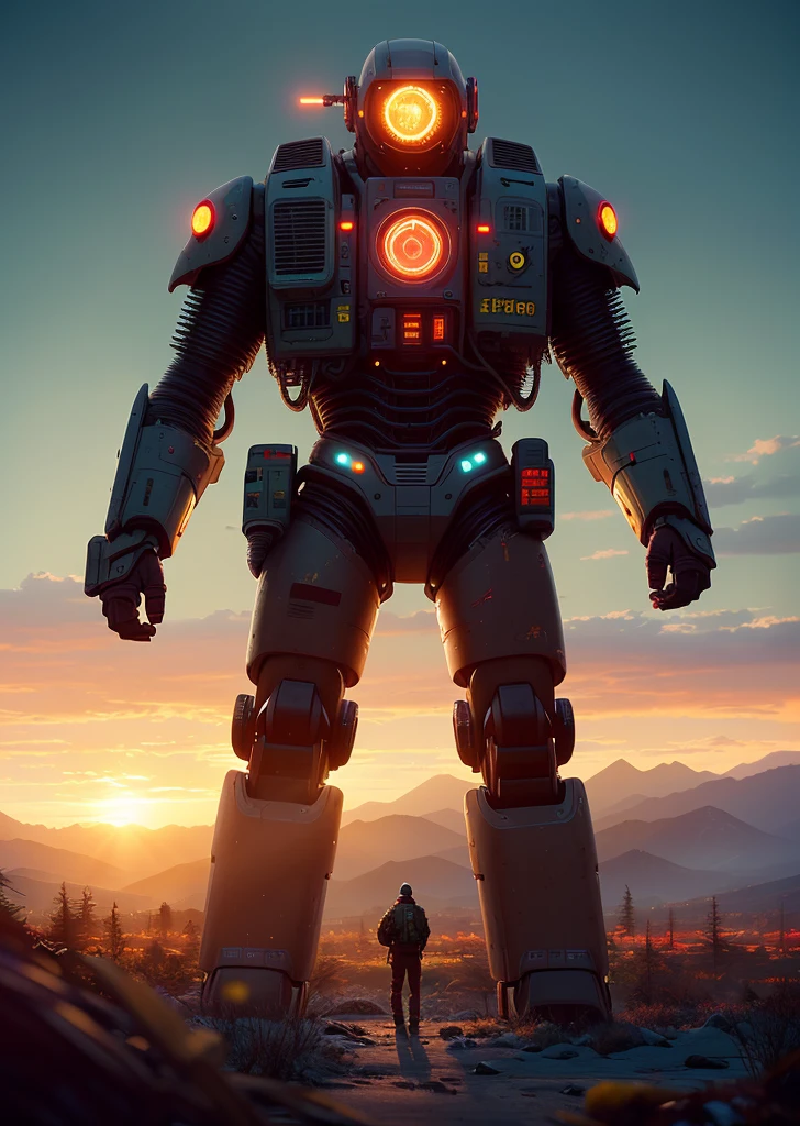 simon stalenhag style, masterpiece, best quality, 8k, , sharp focus, ultrarealistic, raw photo of 
Vivid western cityscape, Scalp hunters seek bloody fate amongst giant fallen robots, Humanity lost.
((backround defocused)):1.4, (depth of field):1.4