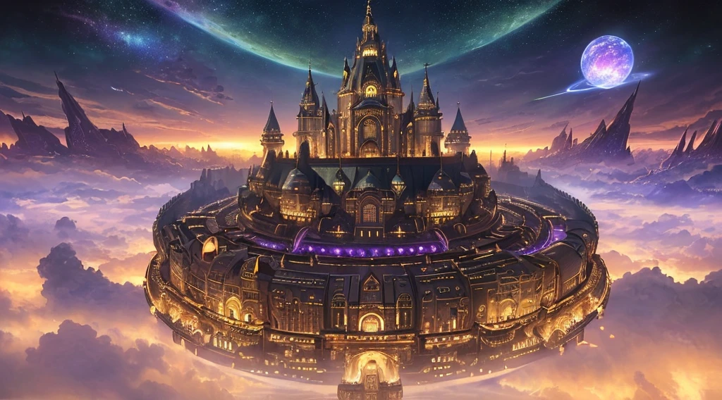 ((master piece)), best quality, (8k, best quality, masterpiece:1.2), ultra-detailed, illustration, big fantasy city, Science fiction, ethereal city, Floating city, many planets in the skies, clouds around, celestial architecture, purple energy scarring around, Giant castle in the center, astral skies