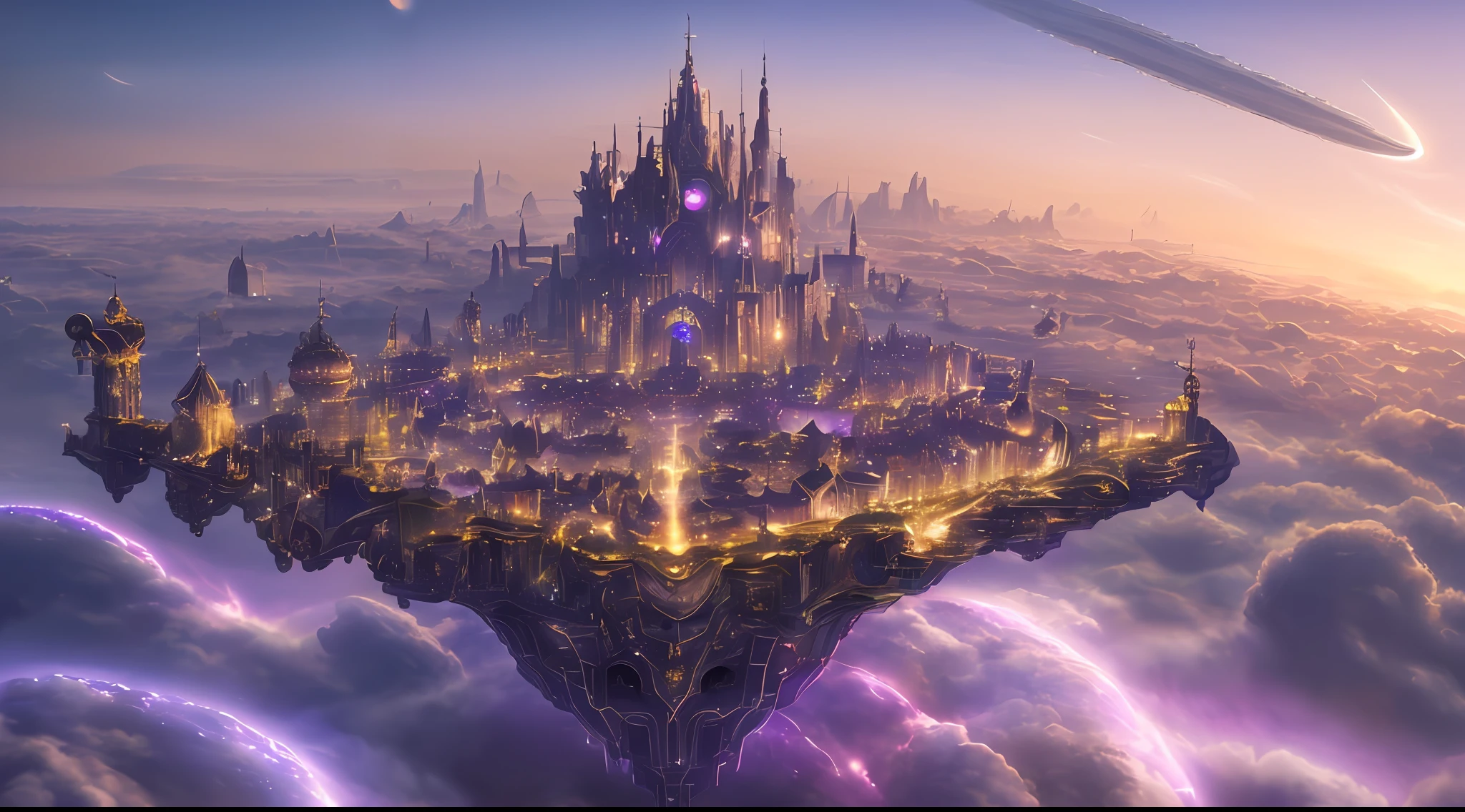 ((master piece)), best quality, (8k, best quality, masterpiece:1.2), ultra-detailed, illustration, big fantasy city, Science fiction, ethereal city, Floating city, many planets in the skies, clouds around, celestial architecture, purple energy scarring around, Giant castle in the center, astral skies