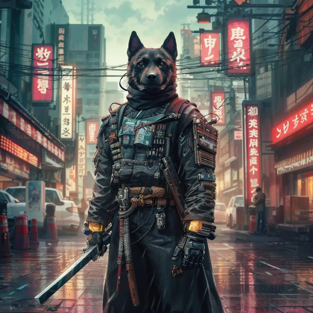 Arafed Hund in einem Lederoutfit mit einem Schwert in einer Stadt, cyberpunk samurai, städtische Samurai, portrait of a cyberpunk samurai, sehr schöne Cyberpunk-Samurai, knallharter Anime 8k, Straßensamurai, wojtek fus, cyberpunk street goon, in cyberpunk style, hyper-realistic cyberpunk style, cyberpunk art style, has cyberpunk style, im Stil von Beeple, in cyberpunk city