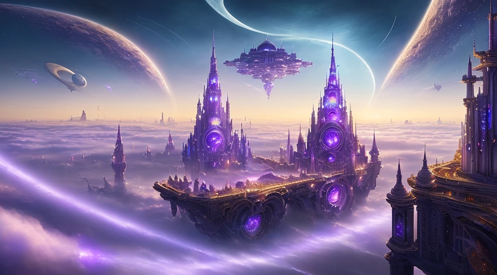 ((master piece)), best quality, (8k, best quality, masterpiece:1.2), ultra-detailed, illustration, big fantasy city, Science fiction, ethereal city, Floating city, many planets in the skies, clouds around, celestial architecture, purple energy scarring around, astral skies