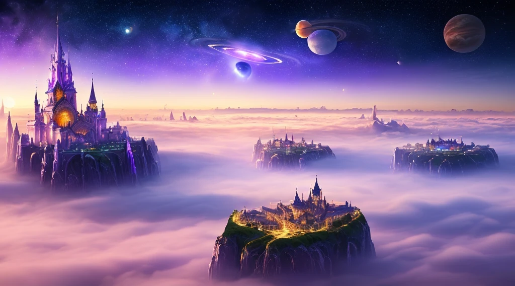 ((master piece)), best quality, (8k, best quality, masterpiece:1.2), An ethereal fantasy City floating in the sky, surrounded bly clouds, planets in the sky, purple rays in the sky