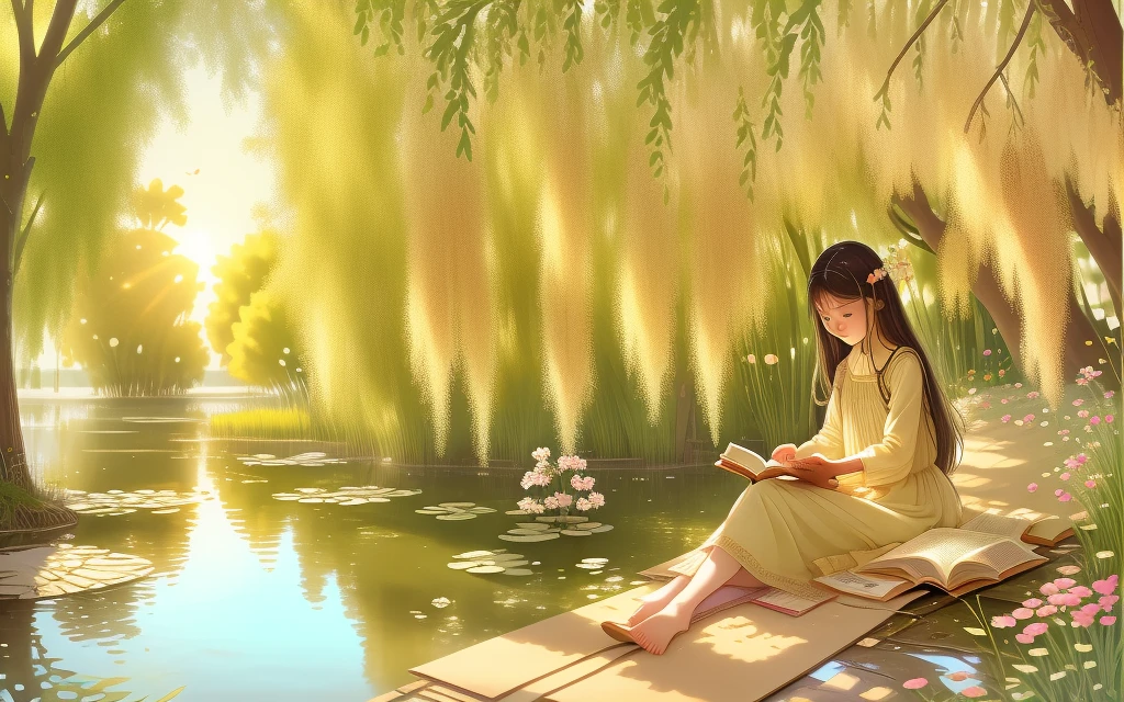 The warm sunlight falling softly on the ground, the sound of gurgling water on the lake and the willow branches blowing by the breeze all form a silent but beautiful scene. You can see a girl under the tree, wearing a light spring dress, Looking at a book quietly, the flowers around her emit bursts of fragrance, which makes people feel comfortable and cozy. Next to the girl is a capybara who is also reading a book