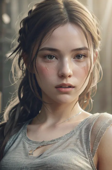ultra highly detailed 1200k An image of a humble and happy 20 year old woman in tattered work clothes and a blotchy face and tousled hair, hyper realistic fantasy photography is all the rage on artstation, clear focus, studio photography, WLOP and Silver A...