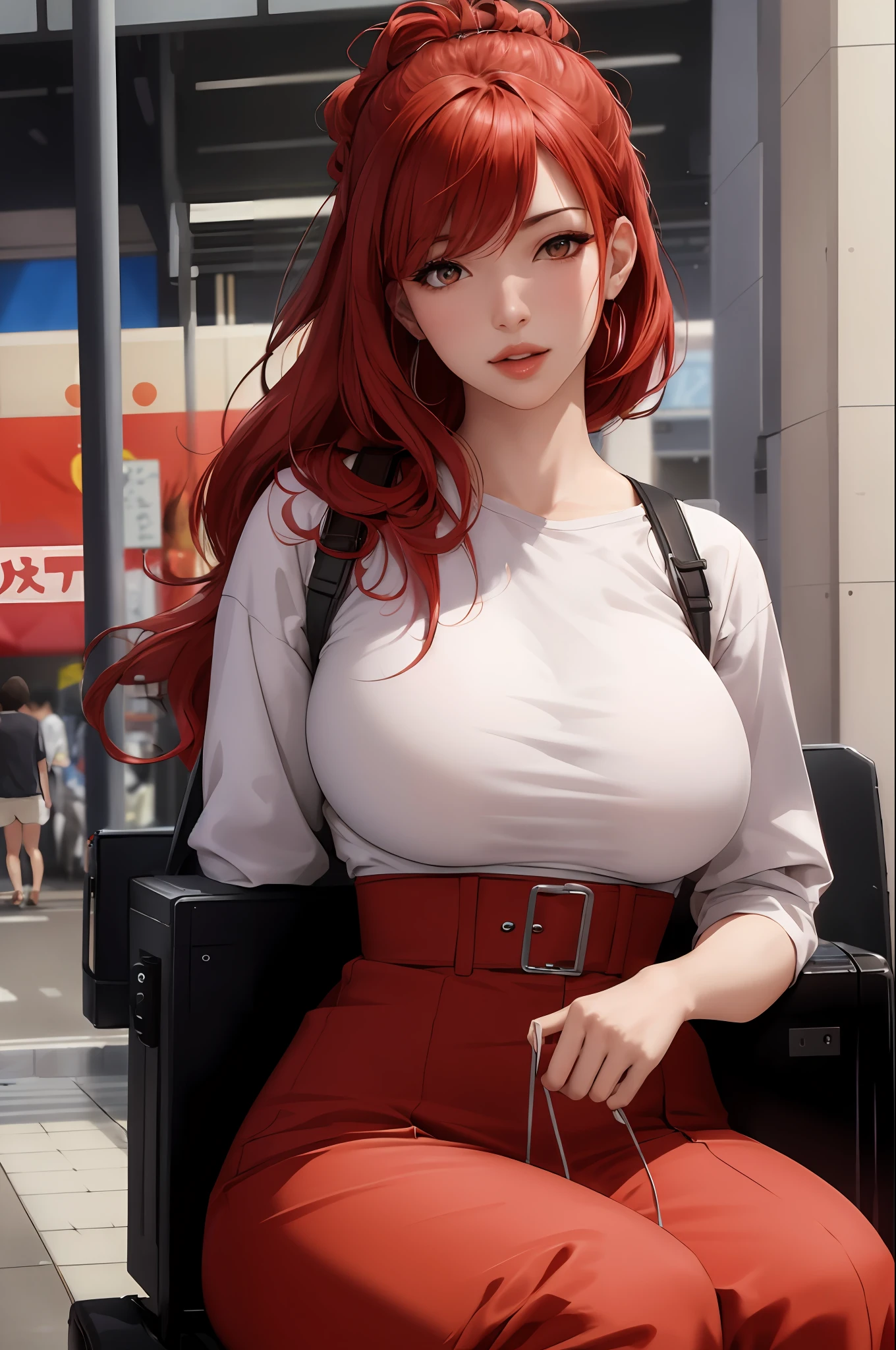 (masterpiece:1.2, best quality), realistic, (real picture, complex details, depth of field), (1girl, solo), makeup, cleft lip, high detail, perfect face shape, (big breasts:1.4), (skin indentation), rough Thighs, wide hips, small waist, tall man, coral lips, red hair, red eyes, white casual clothes, street of Akihabara, sitting in cafe, suitcase