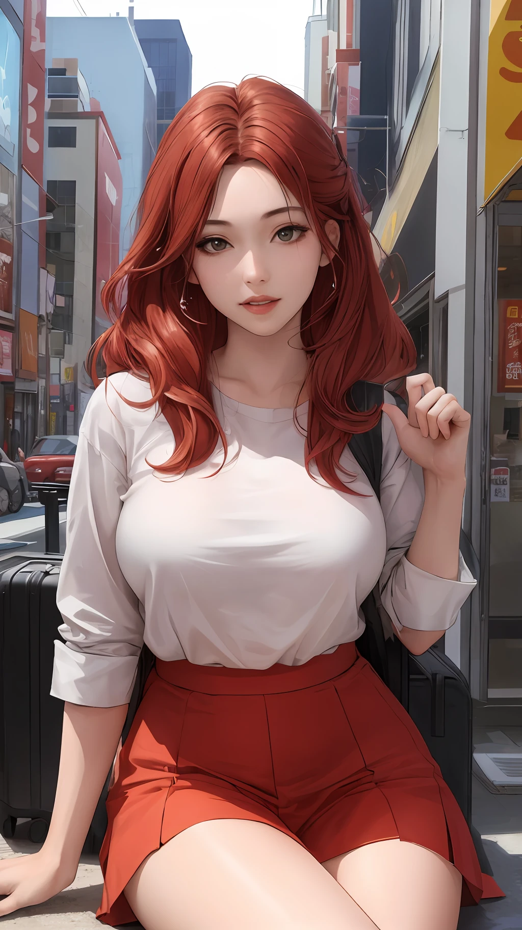 (masterpiece:1.2, best quality), realistic, (real picture, complex details, depth of field), (1girl, solo), makeup, cleft lip, high detail, perfect face shape, (big breasts:1.2), (skin indentation), rough Thighs, wide hips, small waist, tall man, coral lips, red hair, red eyes, white casual clothes, street of Akihabara, sitting in cafe, suitcase