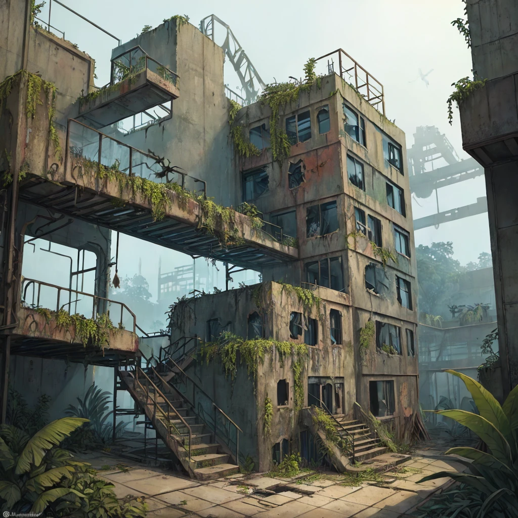 desolado, exterior, Pintura en polvo, dibujo seguro inspirado en Factorio, Bioma de selva tropical, Flora no convencional, Diseño impecable, Perspectiva, Imitación de dibujo a mano, Enfoque constructivo, escalera industrial, (oxidado, Un montón de ventanas rotas), hormigón, acero, vidrio, Componentes coincidentes, abandonado, Agua simplificada, Cielos artísticos, escenario dramático, Configuración optimizada, un arbusto inspirado en el Machinarium