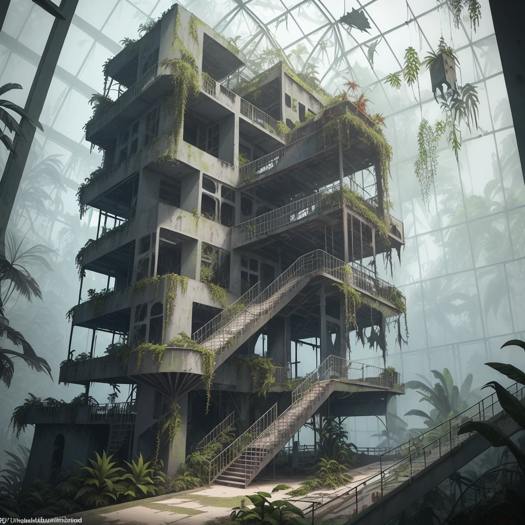 desolated, exterior, powder painting, nowadays architecture, tropical rainforest biome, unconventional flora, flawless layout, perspective, hand-drawing imitation, constructive approach, industrial staircase, (rusty, bunch of broken windows), concrete steel glass, matching constituents, derelict, simplified water, artistical skies, dramatic scenery, streamlined setting, an overgrown [inspired by Machinarium]