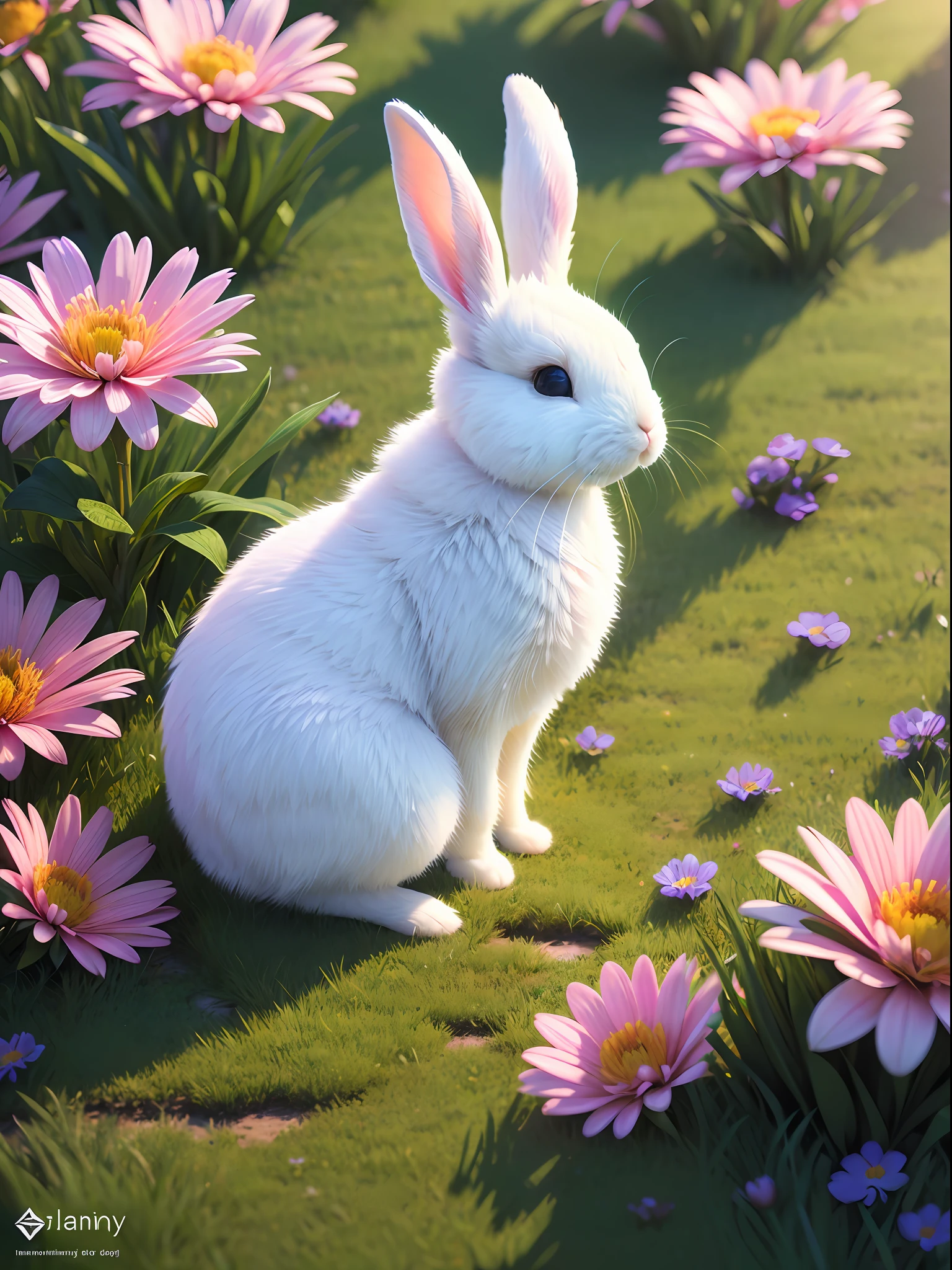 (extrem detailliertes CG Unity 8k-Hintergrundbild,Meisterwerk, beste Qualität, ultra-detailliert),(beste Ausleuchtung, bester Schatten, eine äußerst zarte und schöne),(süßer Hase),(Schlafen),(schönes Gras),(Wolken),(Farbenfrohe Blumen)