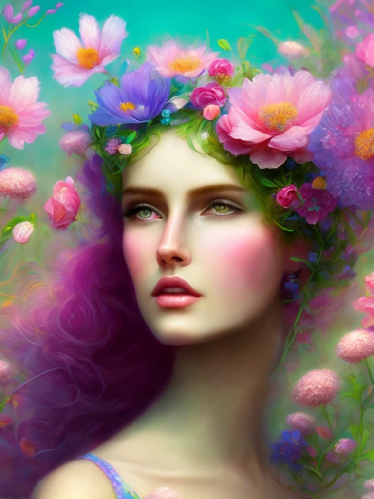 mdjrny-v4 style of a young model Stella Tennant, whimsical fantasy elegant meadow flowers botany maximalism with a wave of flowers garden flowing flowers floating in misty soft pink, aqua, soft apricot, light green, raytracing, smoke fractal, spring green leaves of birch, spring flowers , octane render, by josephine wall art, portrait, eyes facing front , amy brown