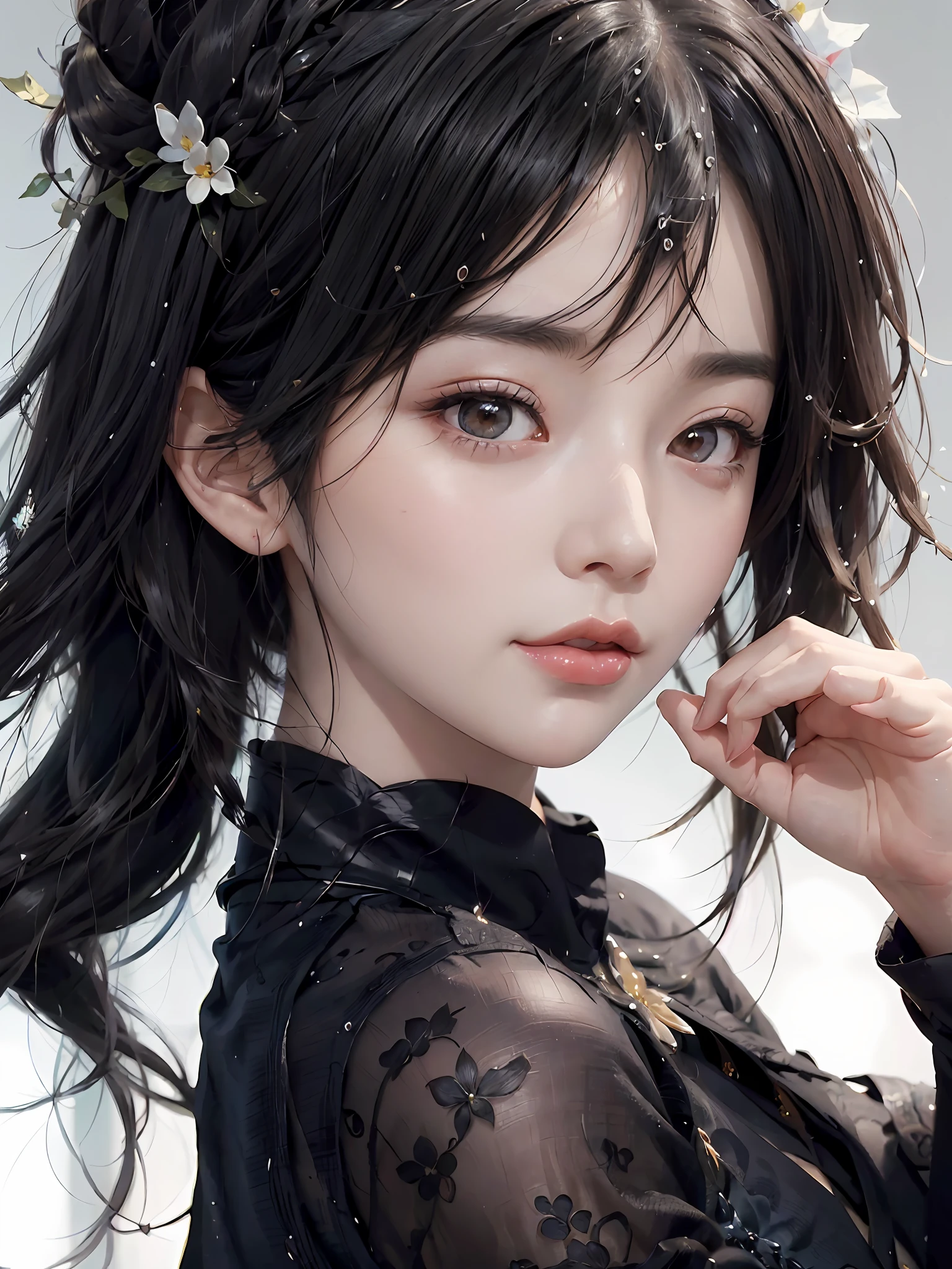 anime girl with black hair and flowers in her hair, artwork in the style of guweiz, extremely detailed artgerm, artgerm portrait, detailed portrait of anime girl, artgerm. anime illustration, artgerm. high detail, beautiful anime portrait, by Yang J, guweiz, stunning anime face portrait, rossdraws portrait