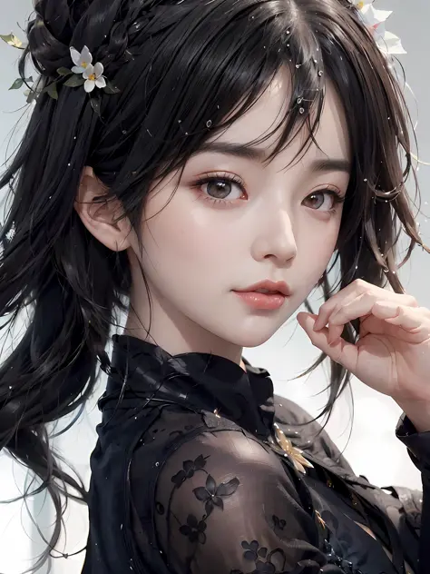 anime girl with black hair and flowers in her hair, artwork in the style of guweiz, extremely detailed artgerm, artgerm portrait...
