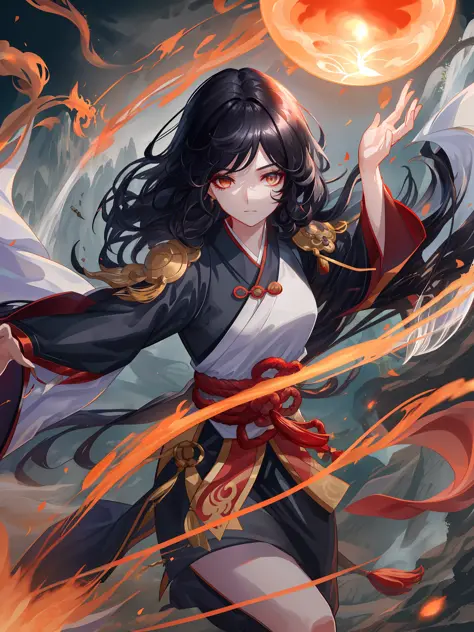 A girl with high-gloss skin and strong texture, close-up, black hair, fluffy hair, Hanfu, streamers, flowing ink, scattered energy, riding a Chinese dragon, background landscape waterfall, global illumination, rich details
