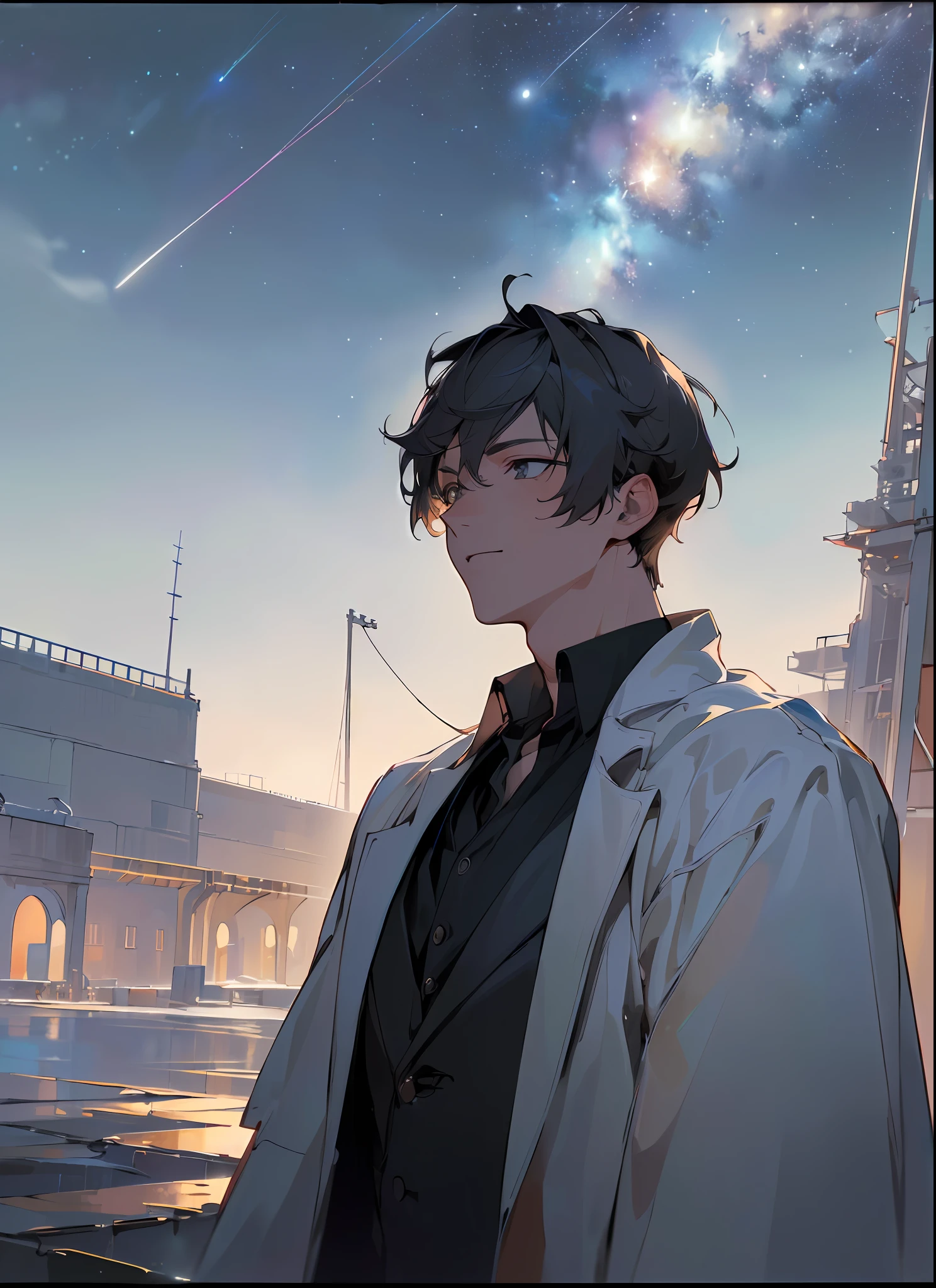 (((8k, RAW photo, best quality, Masterpiece: 1.4))), super high resolution, super detailed, illustration, closeup, handsome male, environment only, broken lab, starry sky, architecture, future, imagination, outdoors