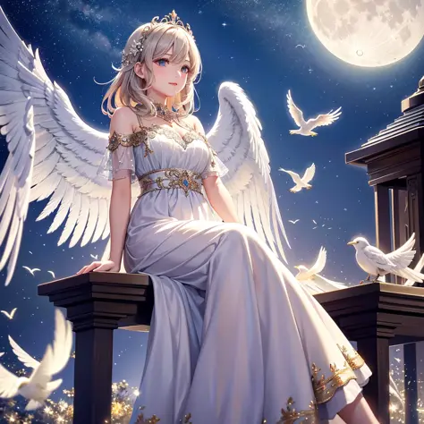 cute angel with feathered wings looking to the night sky, ((gorgeous face)),  sitting on the outer egde marble gazebo at night garden and surrounded by white litle birds flying around her, all illuminated by the moon, intricate detailed, professional light...