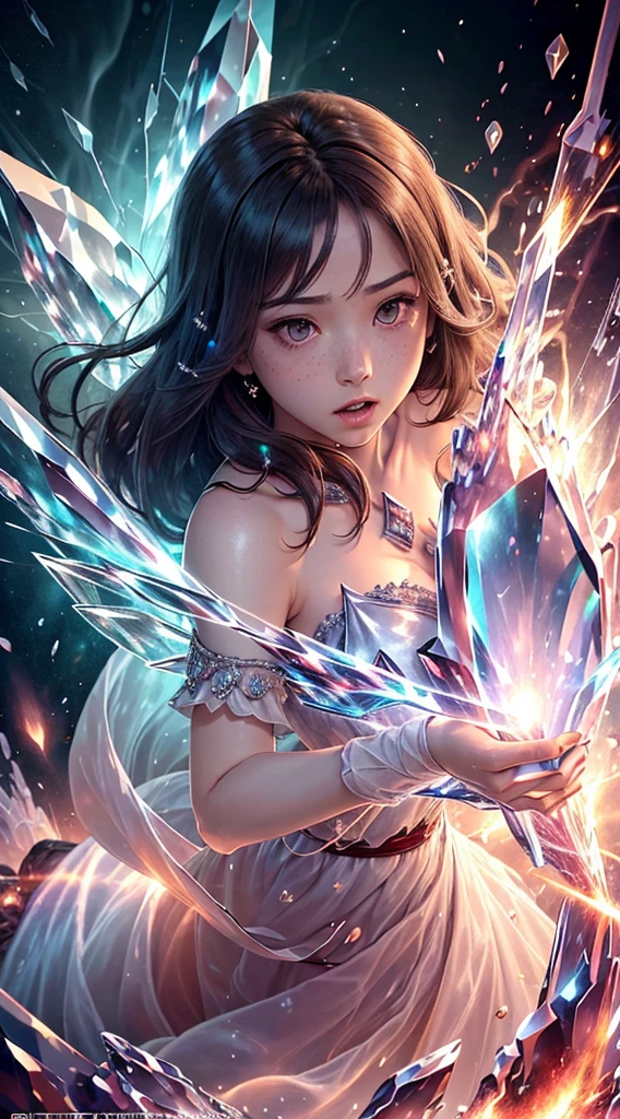 (masterpiece, top quality, best, official art, beautiful and aesthetically pleasing, long exposure: 1.2), smooth movement, charming pattern, 1 girl, (long skirt with sleeves: 1.3), red dress, upper body close-up, Strapless, Chinese girl, freckles, black lob hair, portrait, solo, upper body, gaze at the observer, detailed background, detailed face, (crystallineAI, crystalline theme:1.1), elemental fire sprite, spinning fire, control fire, ruby&#39;s Clothes, dynamic poses, floating particles, ethereal dynamics, fire, steam, lava in the background, red tones, volcanoes, ethereal atmosphere,