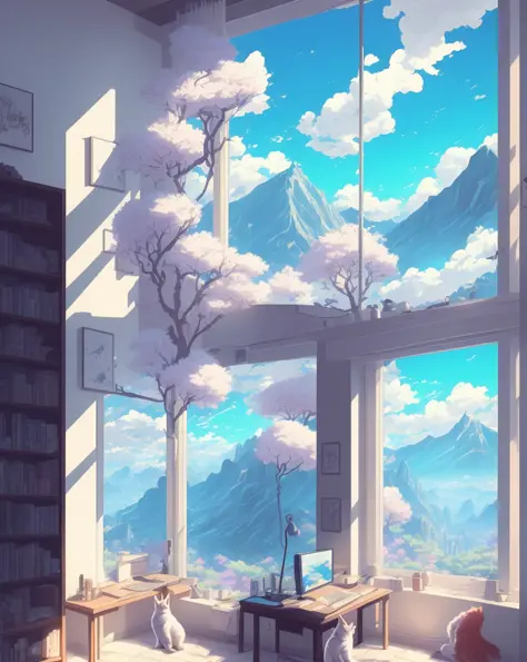 hestyle room, beautiful gaming room, windows, cinematic lighting, evening time, cat facing window, studio ghibli style