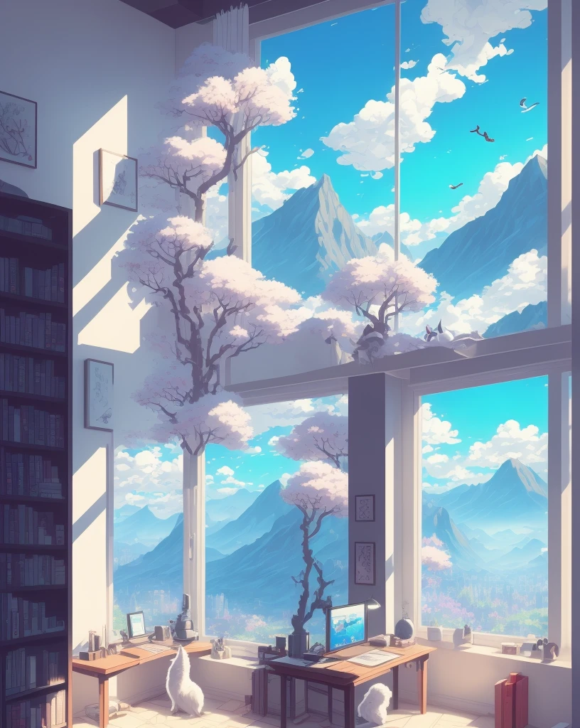 hestyle room, beautiful gaming room, windows, cinematic lighting, evening time, black cat on shelf facing window with books, lamp, rainy day, studio ghibli style