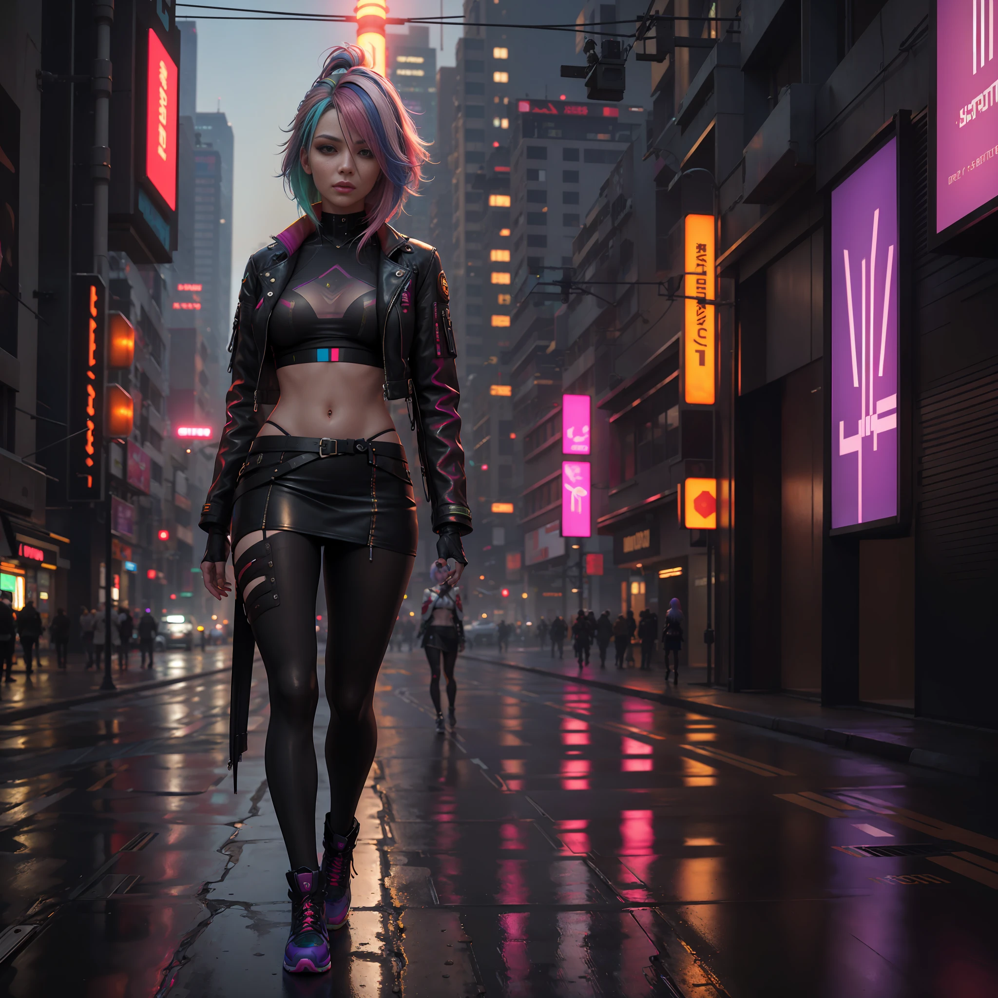 photorealistic, ultra realistic,3D, artstation, cgsociety, 8 k,
award winning photography of a beautiful woman walking in the city, (cyberpunk), (multi color hair:1.2), cheekbones, detailed face,  a nice leather jacket, ((see-through)) top, skirt
colorful, vibrant