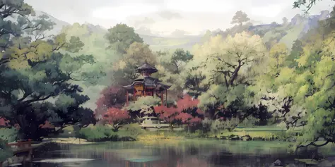 Trees and shrubs around the pond, Aiwan Pavilion, ancient resting pavilion, anime style scenery, Hayao Miyazaki, highest quality, sparks, shining, scenery, no humans, sky, clouds, outdoors, sunset, far away, serene landscape, chinese garden, chinese garden...
