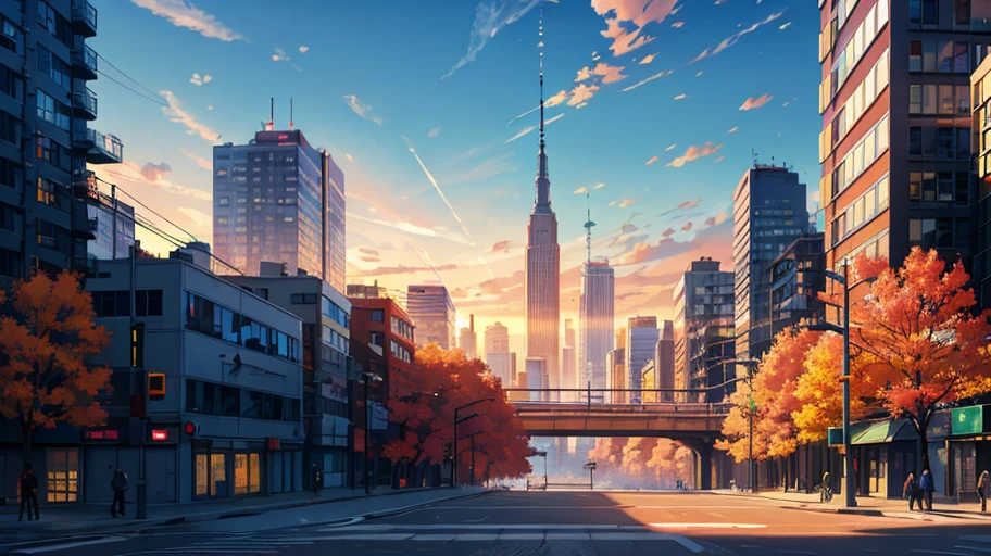 ((Outstanding Person)), Highest Quality, Ultra Detailed, Best Illustration, Male (Colorful), Outdoors, View from Below, Morning, Clouds, Tall Buildings in Background, Industrial Tones, Public Transportation, Cityscape, Concrete Buildings, Busy The flow of people, the lonely sidewalk, the autumn leaves falling, the branches of many trees, the sunset, (Volumetric light), (handrail intersection line emphasis)