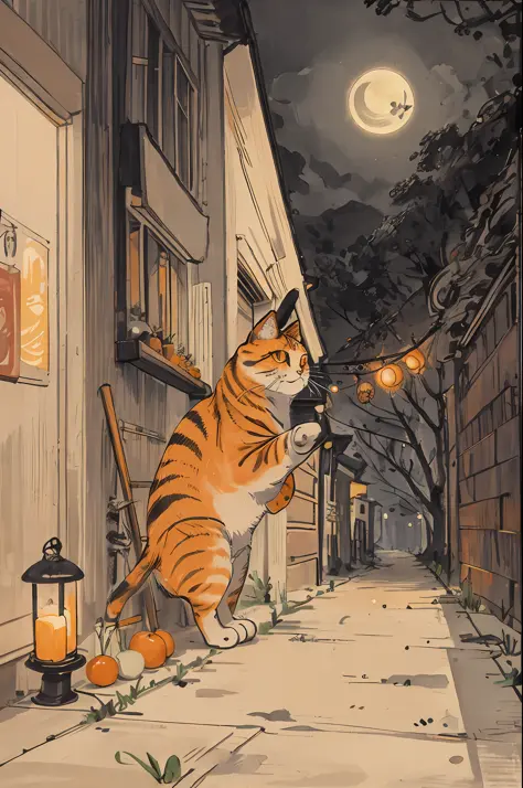 cat, orange, cute, big eyes, masterpiece, full moon, alley