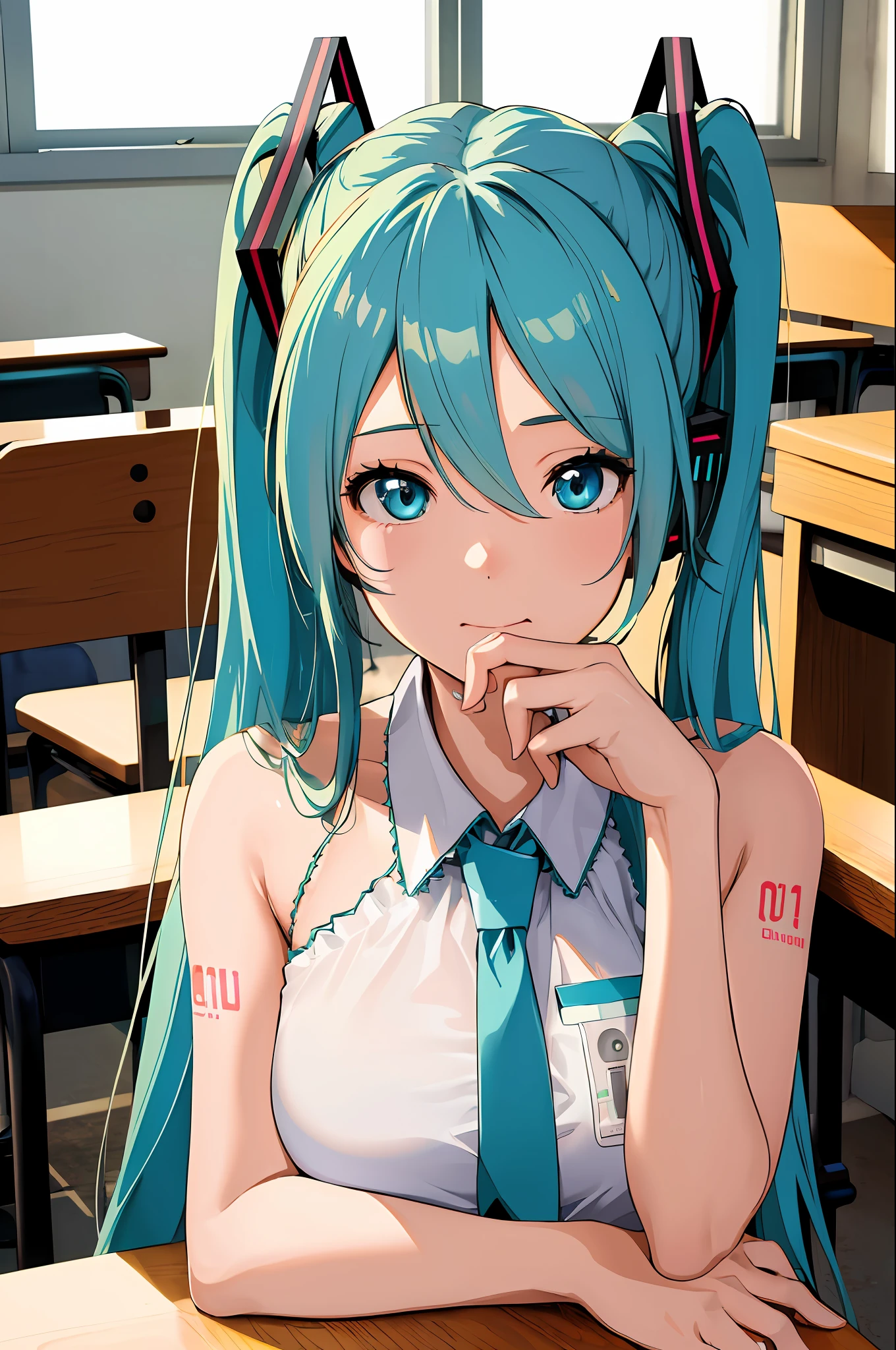 (best quality:1.4), highres, masterpiece, ultra detailed, realistic, 1girl, (hatsune miku:1.1), medium breasts, classroom, detailed face, 3d face, (portrait:1.0)