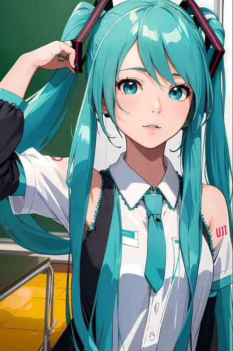 (best quality:1.4), highres, masterpiece, ultra detailed, realistic, 1girl, (hatsune miku:1.1), medium breasts, classroom, detai...