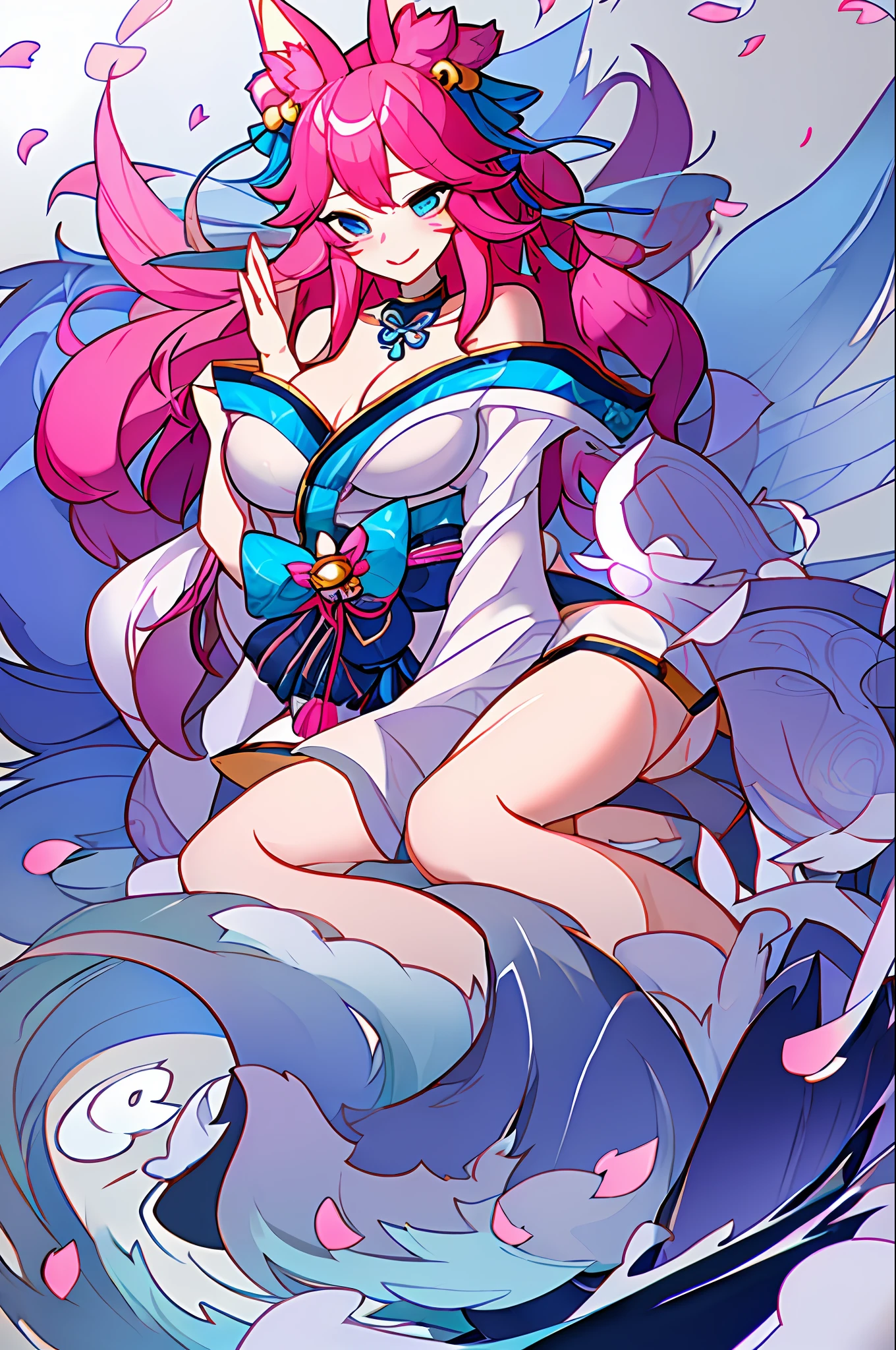 ahri, 1girl, absurdres, ahri_\(league_of_legends\), pink_hair, animal_ear_fluff, animal_ears, 刘海, bare_shoulders, bell, breasts, 乳沟, facial_mark, fox_ears, fox_girl, green_kimono, hair_bell, hair_ornament, highres, japanese_clothes, kimono, large_breasts, league_of_legends , long_hair, looking_at_viewer, 花瓣, ribbon, signature, smile, solo, spirit_blossom_\(league_of_legends\), spirit_blossom_ahri, wang_bu_chou, whisker_markings