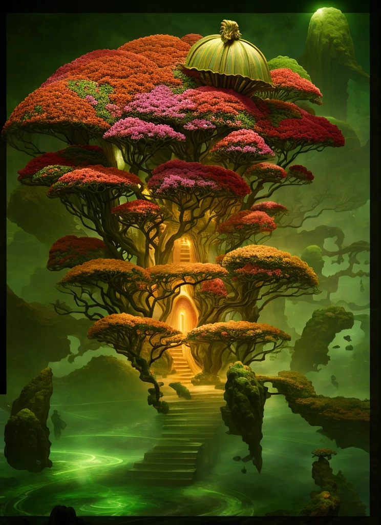 There is a huge flower in the distance, the center of the flower gathers light sources, vines extend from the bottom of the flower, night, cyberpunk, neon lights, colorful, dark night, there is a tree figure in the lower left corner of the picture, the tree man is carrying A brain, the tree person puts his left hand down and his right hand points downward, his head is lowered, and he has a burly figure. The tree person operates a console with advanced biotechnology, and the console sprays out a flower full of edges and corners. The top of the platform is pointed, and there is another round cap coral building on the left side of the picture. The round cap coral has many small holes, and people live in the small holes. There are three buildings in the distance of the picture. The first building has a transparent shell with one inside. Stacked chloroplast grana buildings, the second building is a building complex composed of colonies, the colonies are high and low, thick and thin, the third building is a lot of spherical spore buildings, and there are many buildings in the spores hanging down miniature, there are jellyfish flying in the air, near and far, punk