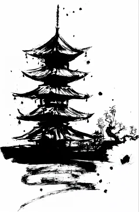 Black and white, nobody, two-color, no other colors, silhouette drawing, nobody, pagoda, chinoiserie, pen and ink, brush strokes, ink, nobody