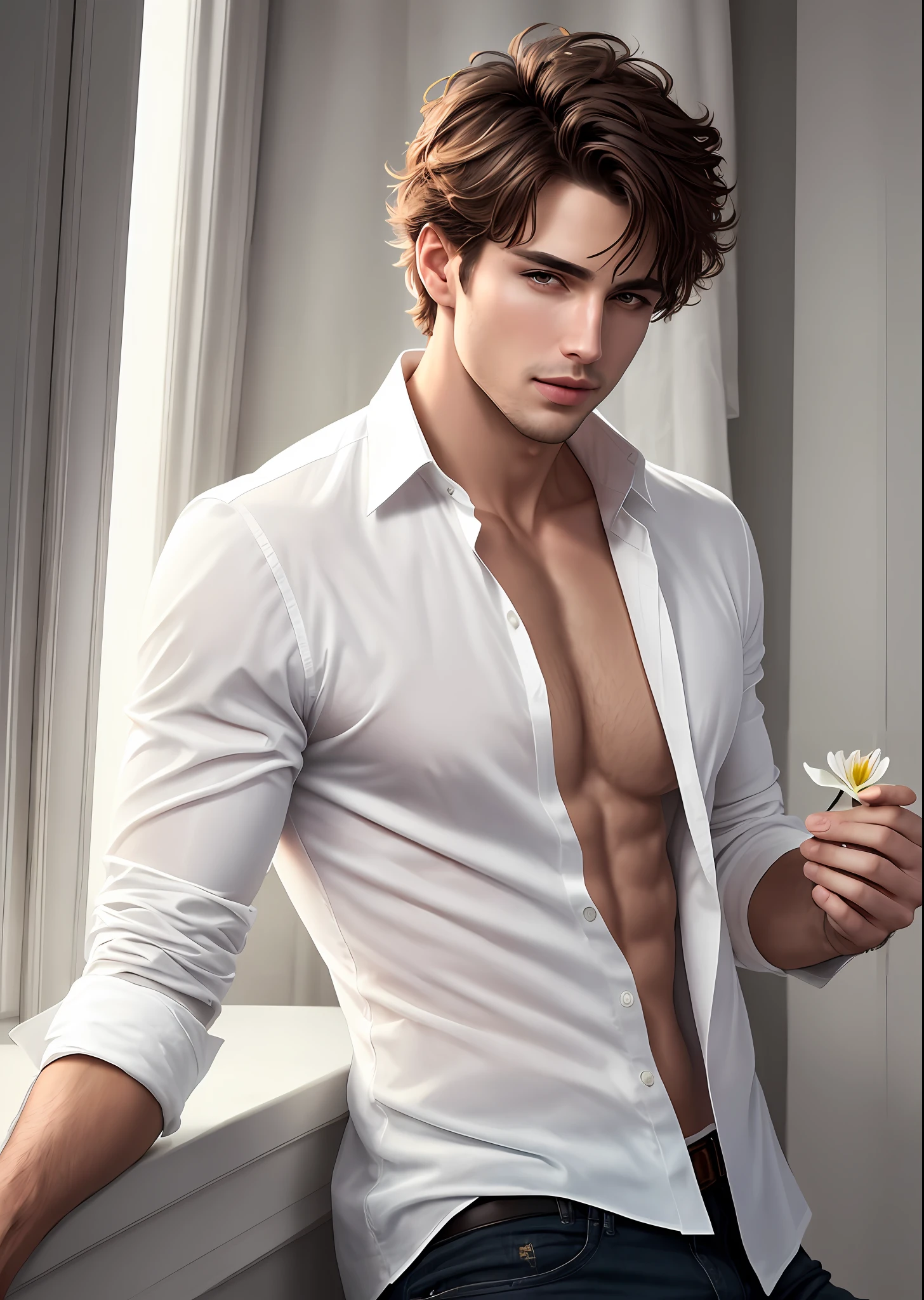 A handsome guy, short hair, messy hair, flirtatious, provocative, white shirt, holding a lily, atmosphere, 8K, real photo, (authenticity: 1.3)