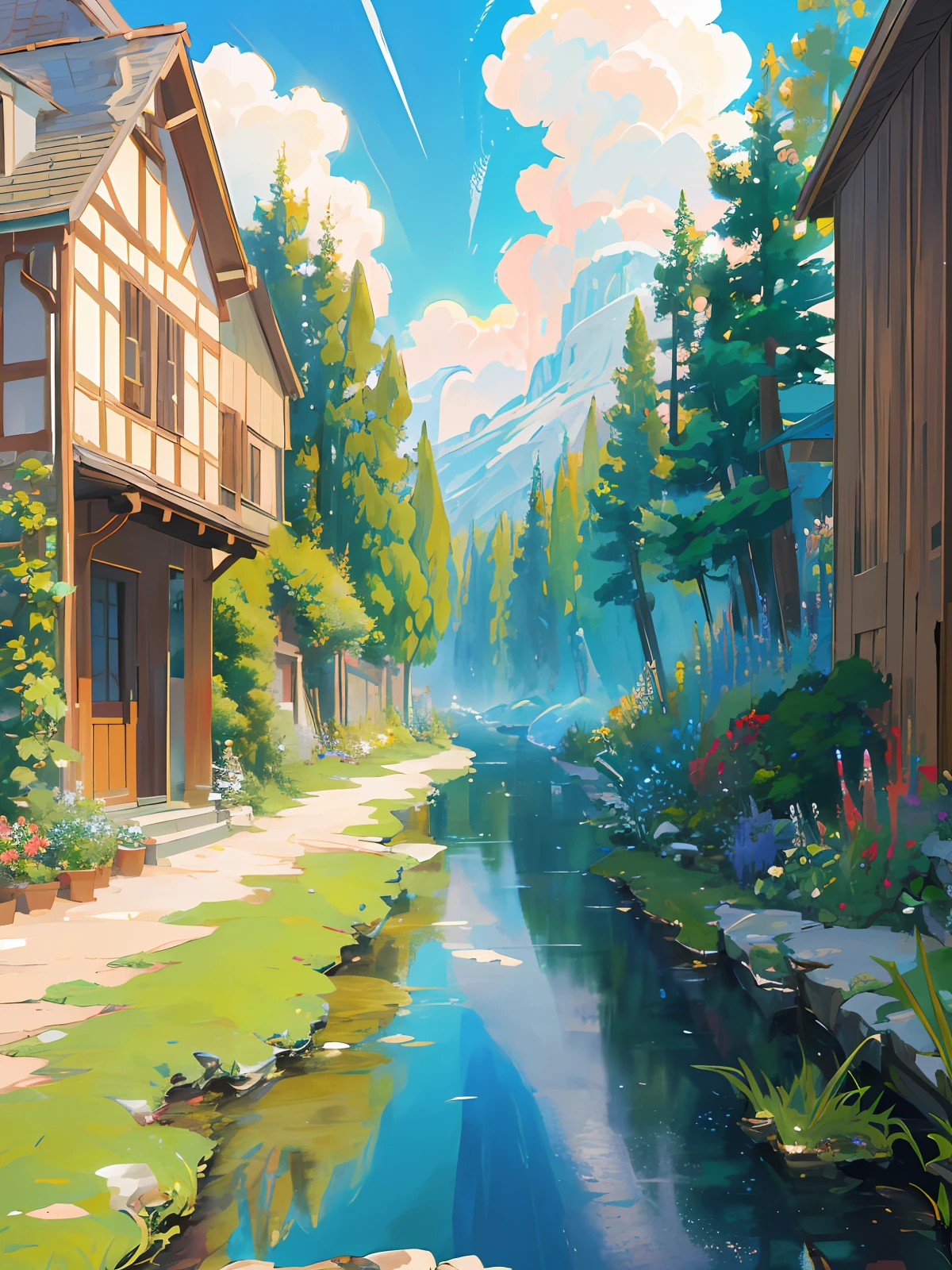 Masterpiece, best quality, official art, extremely detailed CG unity 8k wallpapers, outdoors, animals, summer\(seasons\), cloudy skies, studio ghibli, gardens, villages,