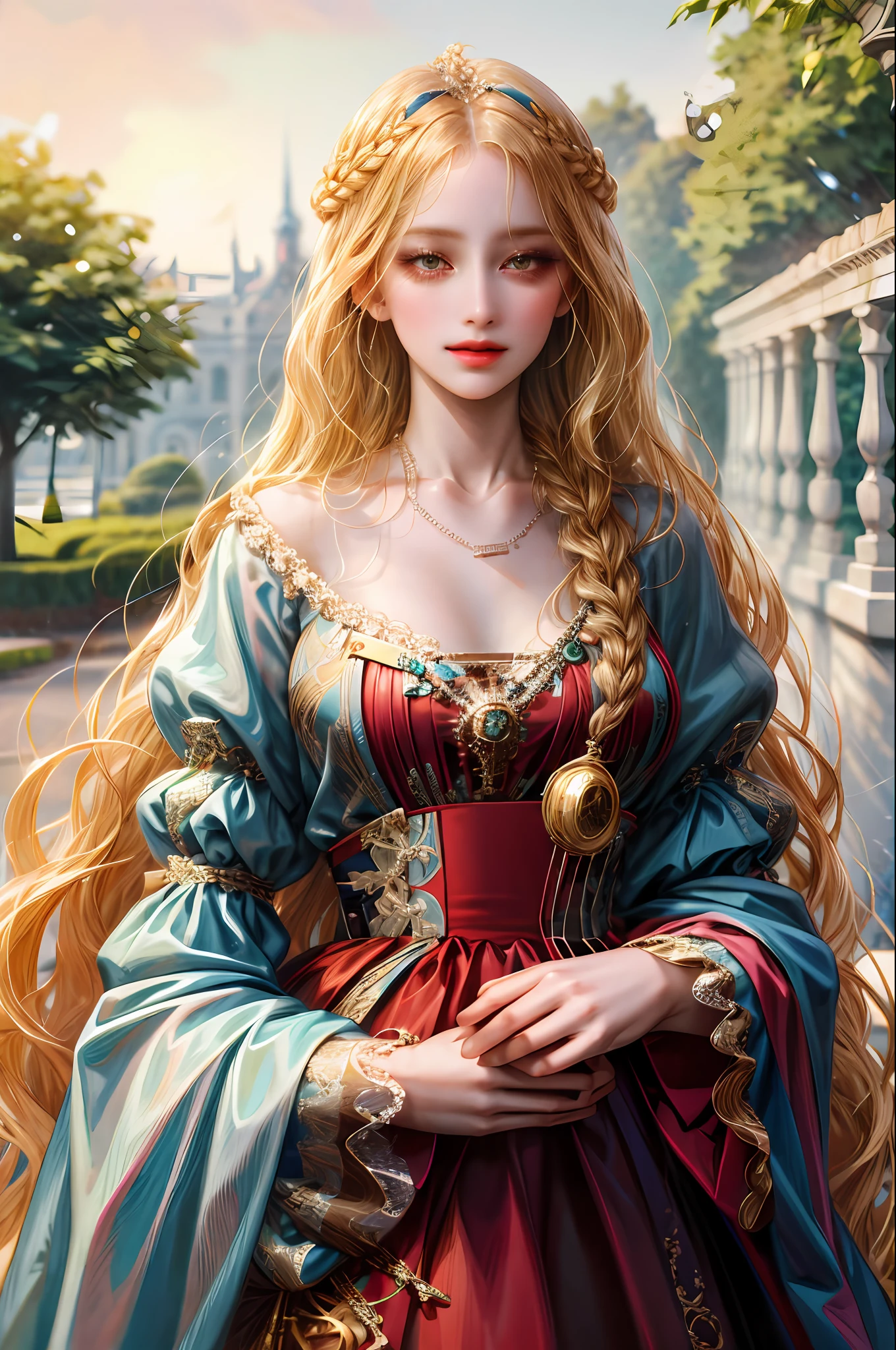 (absurdres, highres, ultra detailed), 1girl, solo, mature, (very long hair, blonde hair), Baroque, Necklace, long dress, long sleeve, elegant, colorful, highest detailed, upper body, outdoors, garden