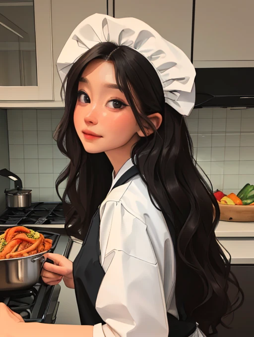 (masterpiece: 1.2), (best quality: 1.2), kitchen, (looking at viewer), fair skin, long hair, (wavy hair), HD, super detail, close up,cook hat,dark short,apron