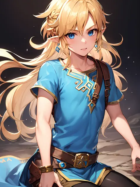 masterpiece, best quality, 1boy, solo, upper body link, the legend of zelda, blue tunic, blonde hair, pointy ears, highly detailed, botw style, intricate, (black background)