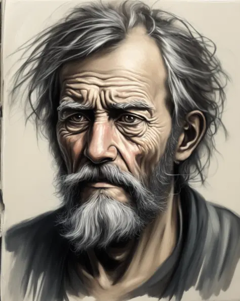 oilsketch an expressive sad homeless man, scruffy beard