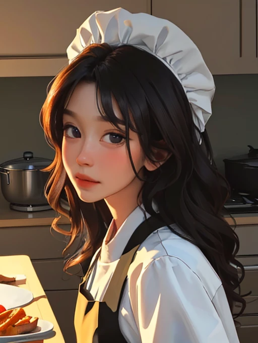 (masterpiece: 1.2), (best quality: 1.2), kitchen, (looking at viewer), fair skin, long hair, (wavy hair), HD, super detail, close up,cook hat,dark short,apron,epic realistic,ultra detailed