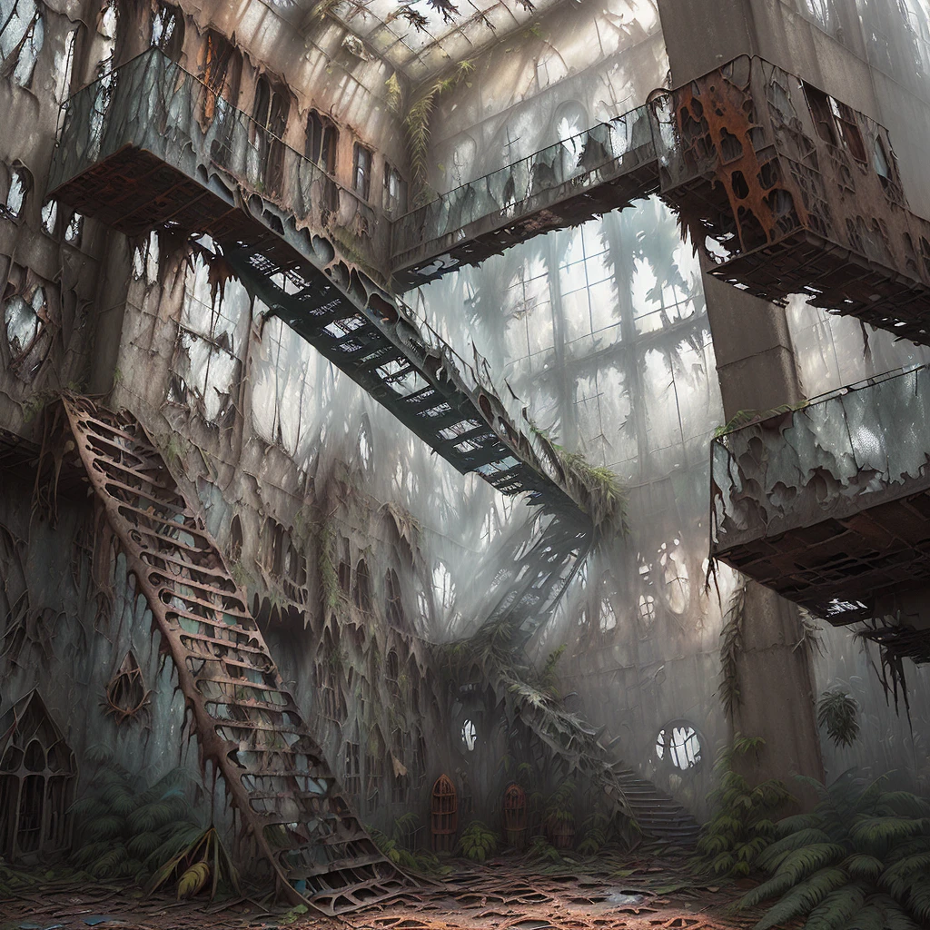 masterly composed, landscape + exterior, cold retardation in the spirit of Factorio, nowadays architecture centuries ago, outdoors, tropical rainforest biome, flawless layout, powder paint, constructive approach, gloomy full of details concept art, by Joe Mangrum, [inspired by Machinarium], (industrial staircase, (rusty, bunch of broken windows), exterior, concrete steel glass, torn-apart, climbing unconventional plants:1.5), collapsed, matching constituents, derelict, artistical skies & water, simplified reflections, streamlined setting