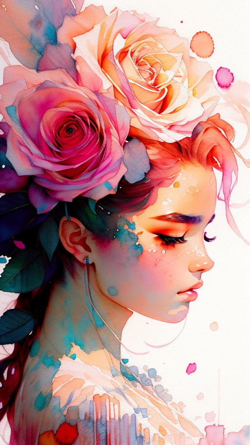 estilo wtrcolor, (rosa) arte digital, Arte oficial, soprado pelo vento, obra de arte, lindo, ((aquarela)), respingos de tinta, detalhe intrincado. grande detalhe, [gotejamento:0.7], tendências no artstation, Raquel Walker