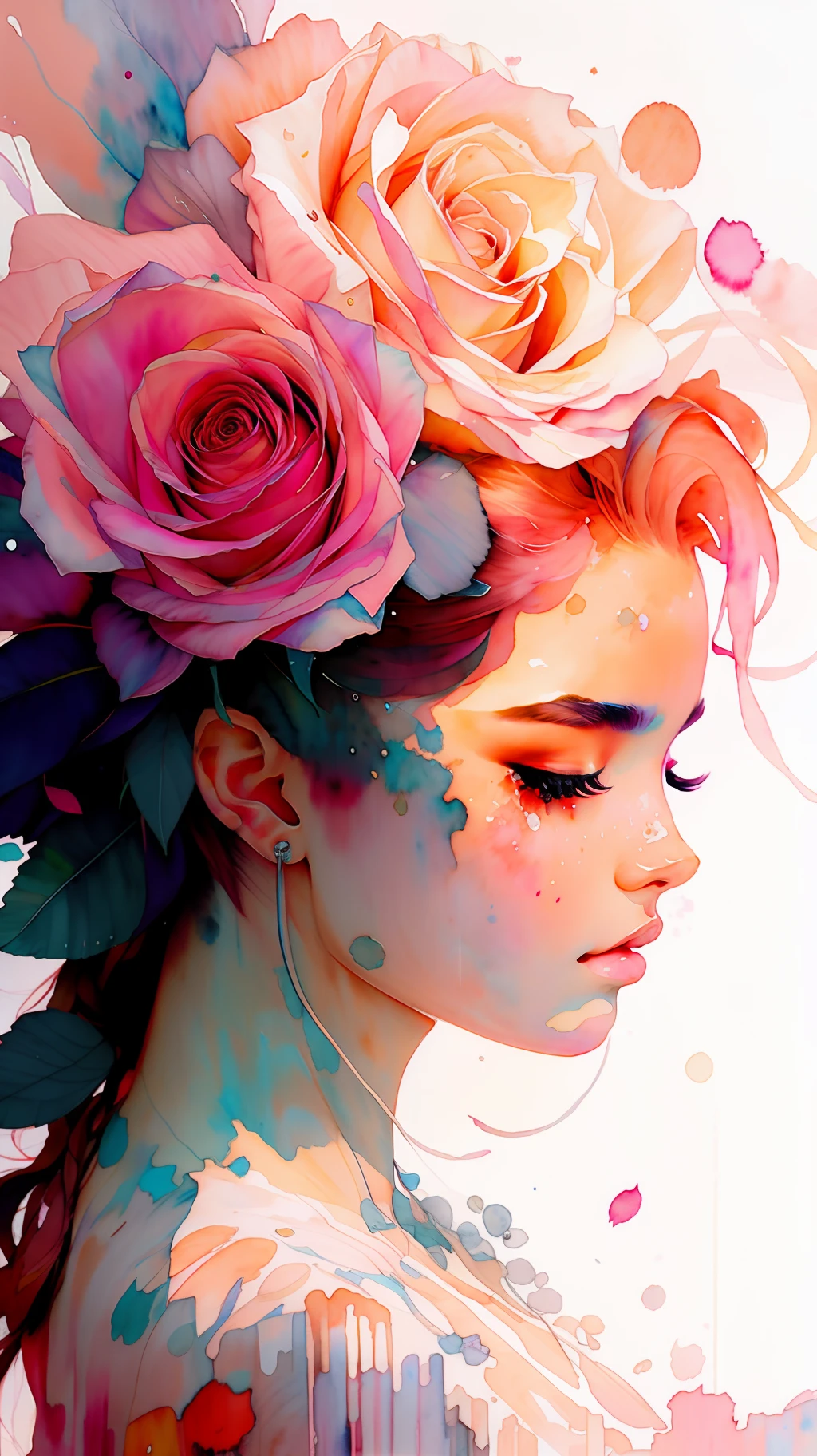 estilo wtrcolor, (rosa) arte digital, Arte oficial, soprado pelo vento, obra de arte, lindo, ((aquarela)), respingos de tinta, detalhe intrincado. grande detalhe, [gotejamento:0.7], tendências no artstation, Raquel Walker