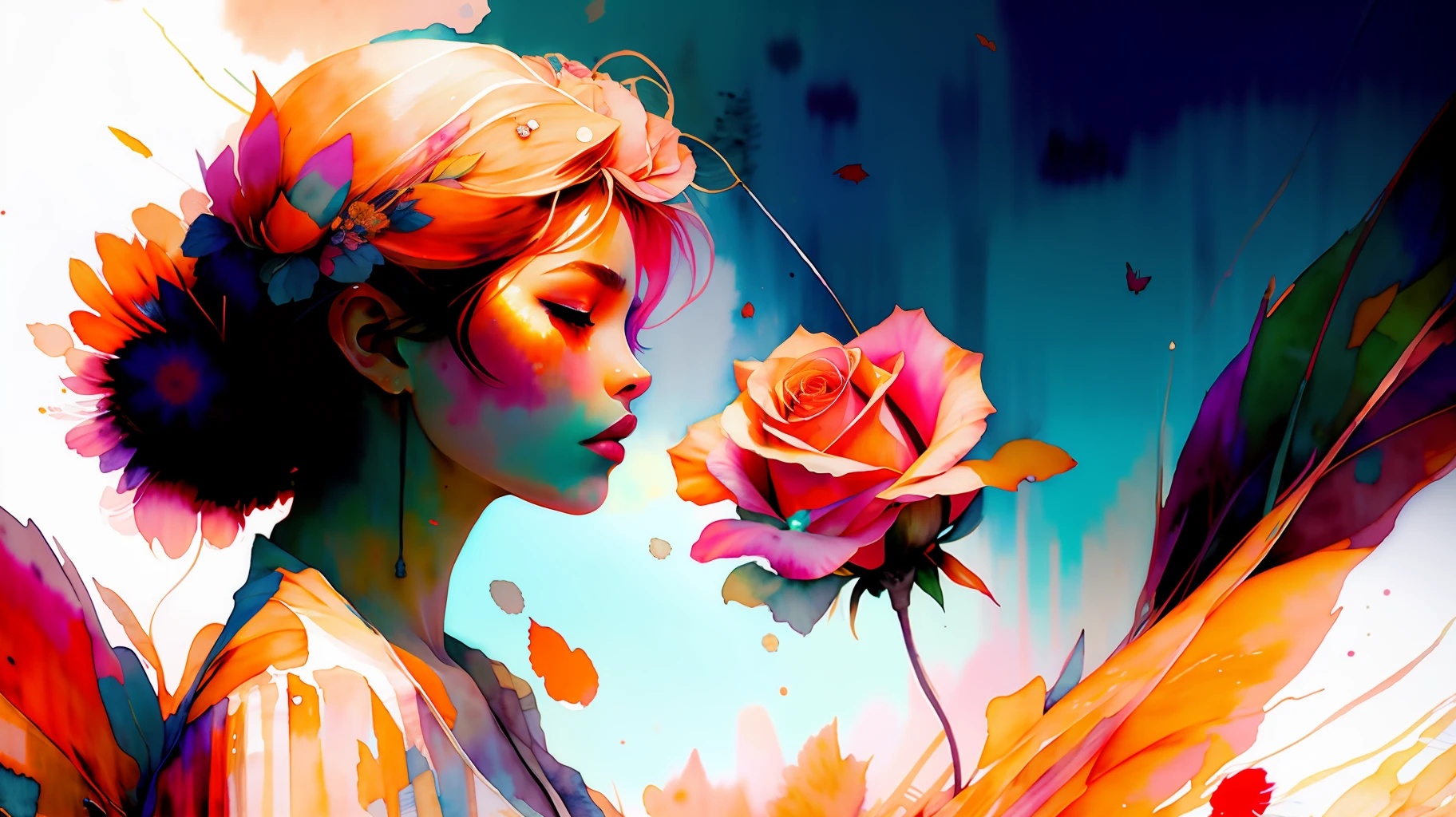 estilo wtrcolor, (rosa) arte digital, arte oficial, soplado por el viento, obra maestra, Hermoso, ((acuarela)), salpicadura de pintura, Detalle intrincado. Gran detalle, [goteo:0.7], tendencia en artstation, Raquel Walker