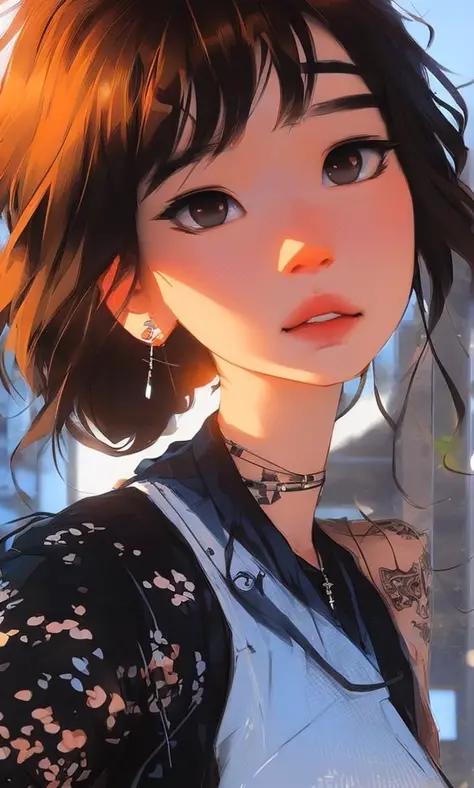 Anime girl with messy hair and piercing on chest, guweiz style artwork, rossdraws portrait, ross tran style, digital art ilya ku...