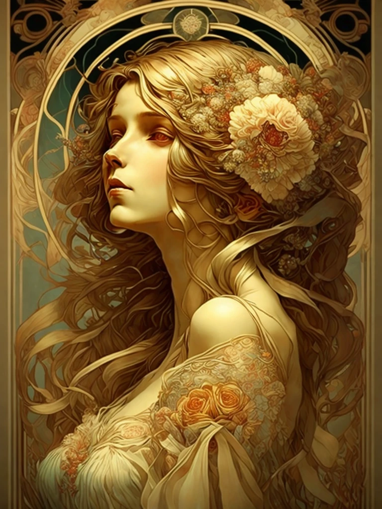 一位长发女子的海报，头上戴着鲜花, 雙手抱在腦後 作者：阿爾豐斯‧穆夏