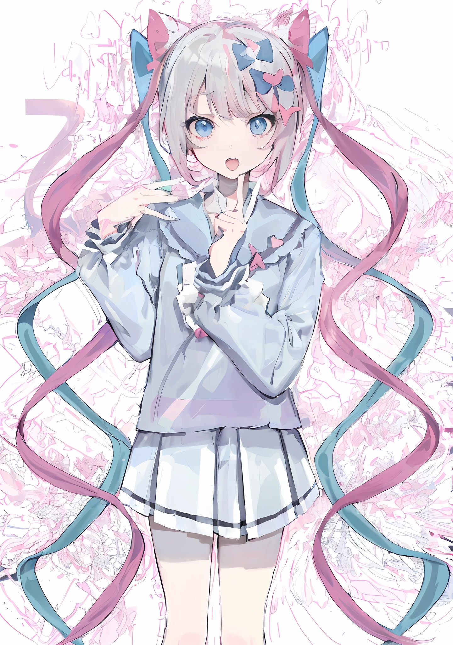 ((nyaruko-san)),((pink long hair: 1.3|maximum width: 30%)+(blue bow: 1.2), blue dress, knee-length skirt),lolish, soft anime illustration, official artwork, portrait of a magical girl, (index finger), ((pink blue double ponytail) + (blue eyes)), cute::0.75