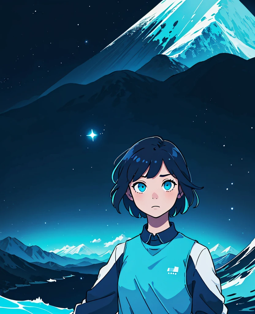 (best quality, masterpiece), 1girl, particle, water and mountains, upper body, simple dark background, looking at viewer, cyan short hair, modern clothes, galaxy