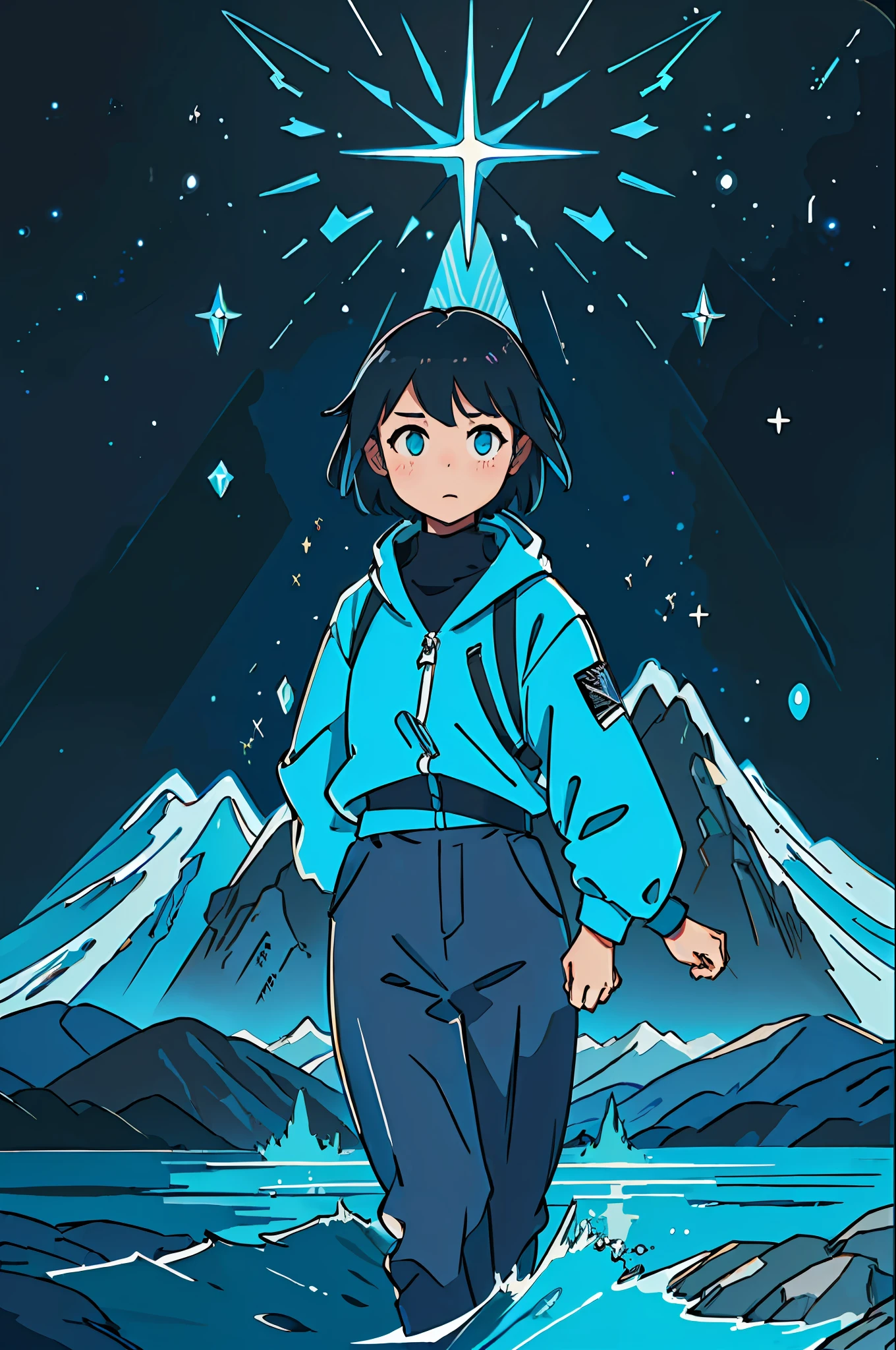 (best quality, masterpiece), 1girl, particle, water and mountains, upper body, simple dark background, looking at viewer, cyan short hair, modern clothes, galaxy